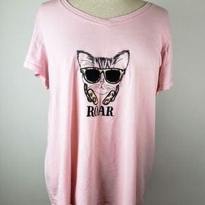 Roar Cat Headphone Pink T Shirt Pajama Top
